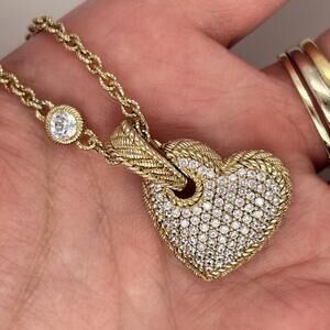Judith Ripka Gold Tone Sterling Silver Pave CZ Heart Pendant on 36in Chain